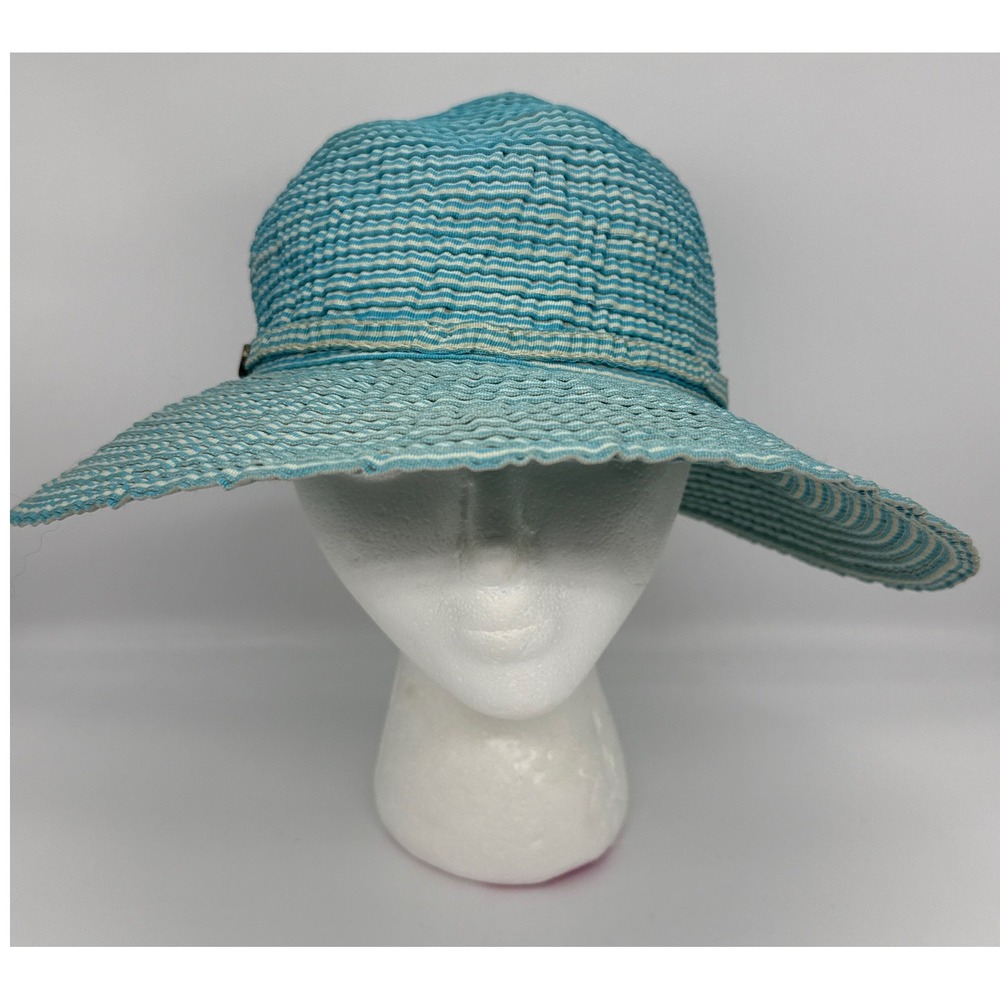 Cappelli Straworld Turquoise Blue White Striped Wide Brim Floppy Sun Hat Bonnet - Picture 2 of 9